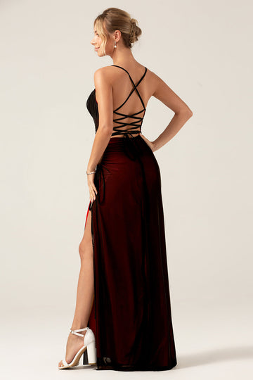 Black Red Sheath Spaghetti Straps Criss Cross Back Bridesmaid Dress with Slit